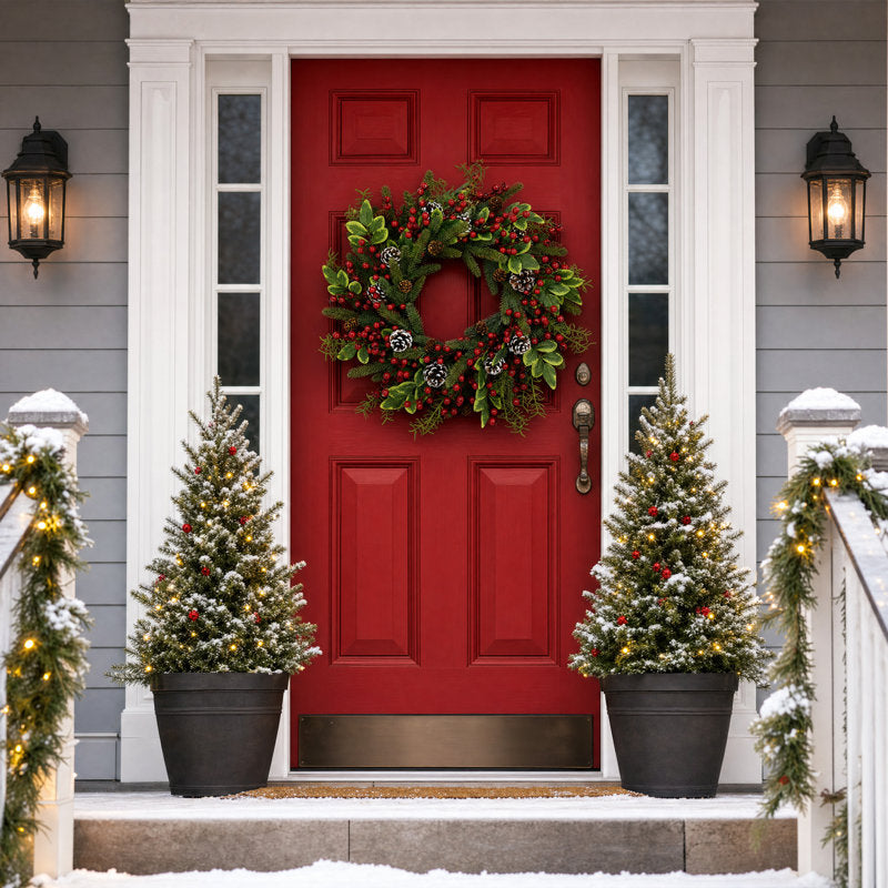 24" Pre-Lit PVC Pine Christmas Wreath with 20 LEDs & 8 Modes, Timer, Red Berries & Pinecones for Front Door Mantel