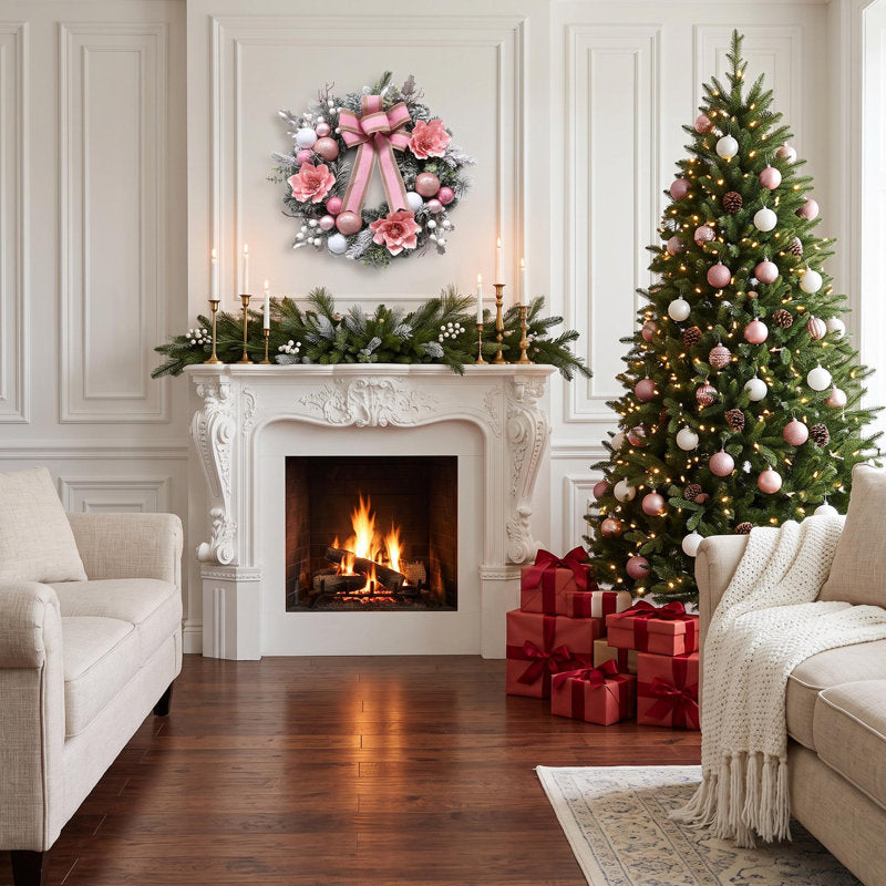 24" pre-lit pink magnolia Christmas wreath with 20 LED lights and magnolia flowers