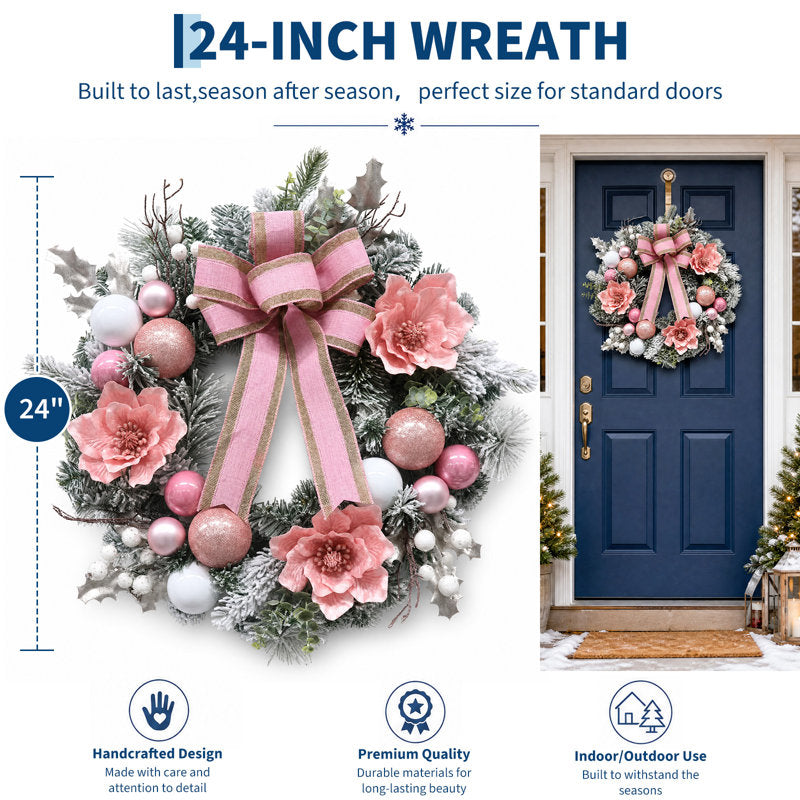 24" Pre-Lit Pink Magnolia Christmas Wreath with 20 LED Lights, Snow Accents, Artificial PVC Floral Wreath for Front Door