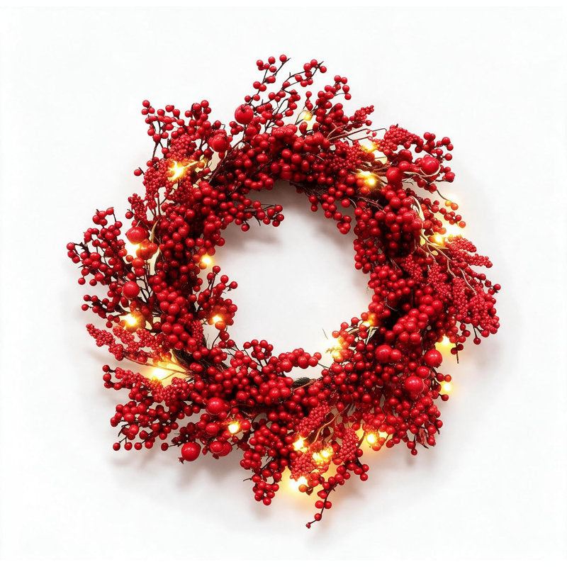 24" pre-lit Christmas wreath with 20 LED lights and red berries