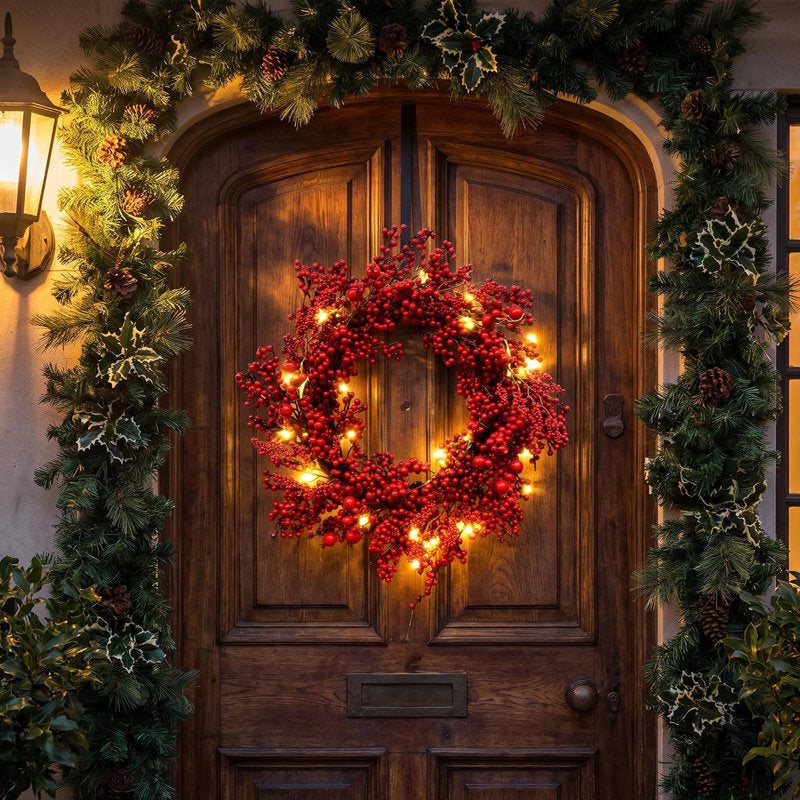24" Pre-Lit Red Berry Christmas Wreath with 20 LEDs & 8 Modes, Timer, Battery-Operated for Front Door Indoor Outdoor