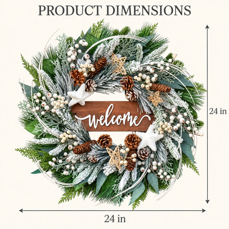 24" Winter Wreath Artificial Outdoor Christmas Wreath with Pinecones,White Berries and Welcome Sign