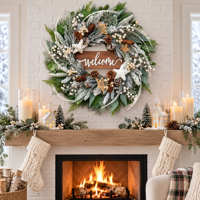 24" Winter Wreath Artificial Outdoor Christmas Wreath with Pinecones,White Berries and Welcome Sign