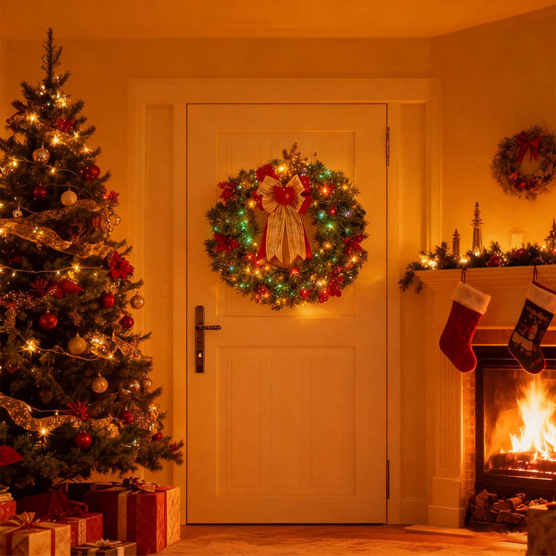 Artificial Christmas Wreath hanging on a front door