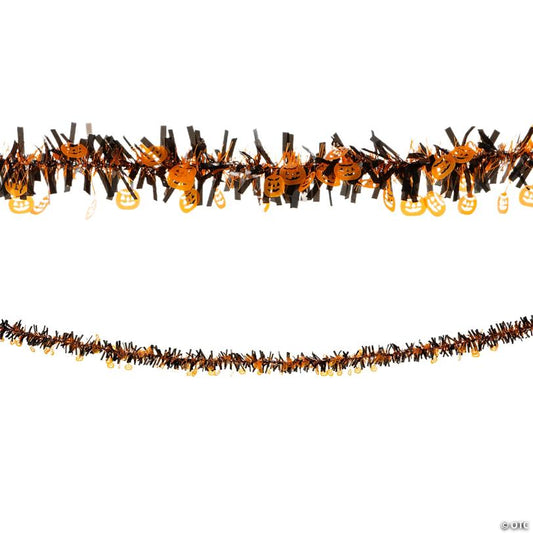24 Ft. Halloween Black & Orange Jack-O-Lantern Tinsel Garland