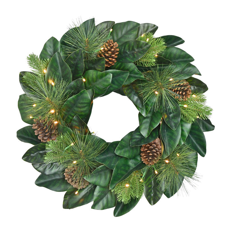 24" Pre-Lit Artificial Christmas Wreath hung on a wooden door