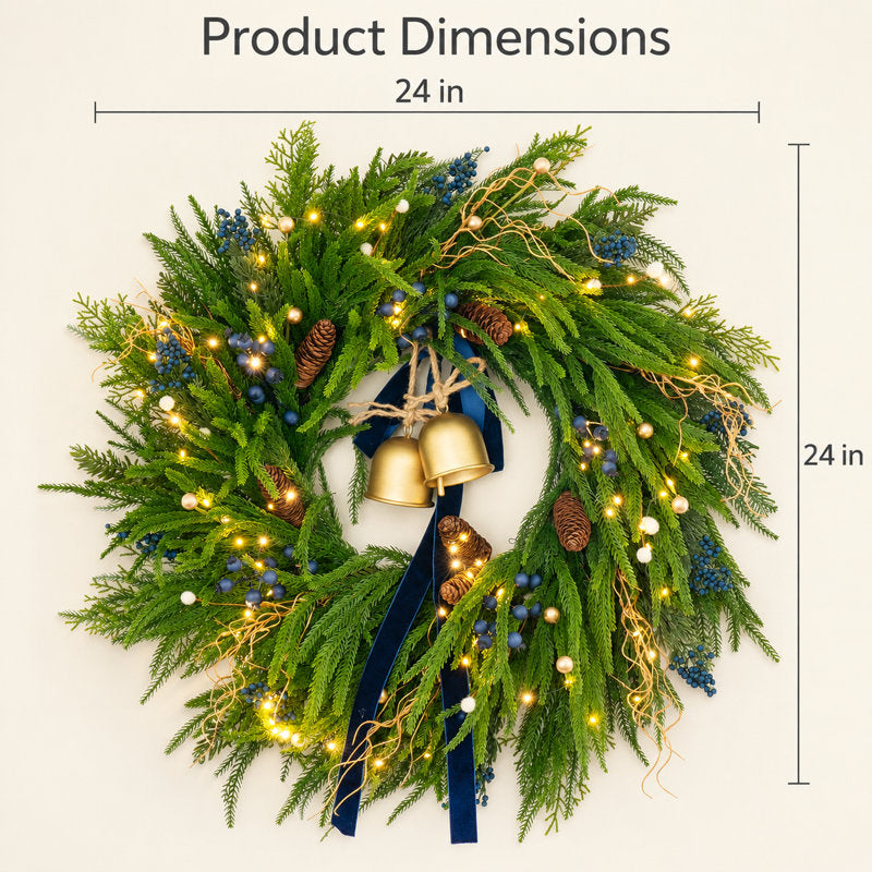 24 Inch LED Christmas Wreath with Bells Pre-Lit Artificial Norfolk Pine Wreath with Blue Berry for Front Door