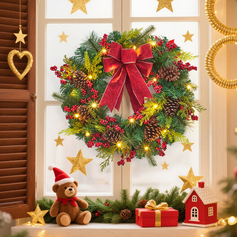 24" Pre-Lit Pine Christmas Wreath hanging on a front door
