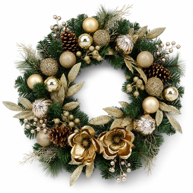 24 in. Pre-Lit Christmas Wreath with Magnolia Flowers and Electroplated Ornaments, 20 LED Lights, 8 Lighting Modes and Timer