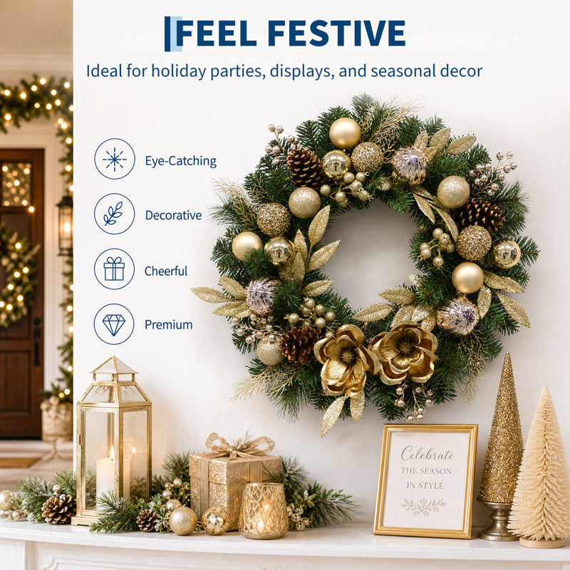 24 in. Pre-Lit Christmas Wreath with Magnolia Flowers and Electroplated Ornaments, 20 LED Lights, 8 Lighting Modes and Timer