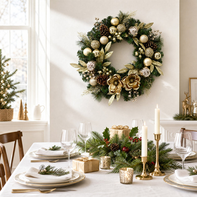 24 in. Pre-Lit Christmas Wreath with Magnolia Flowers and Electroplated Ornaments, 20 LED Lights, 8 Lighting Modes and Timer