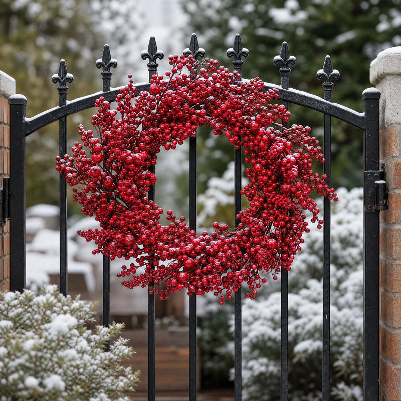 24 in. Red Berry Christmas Wreath, Artificial PVC Greenery Holiday Door Wreath for Front Door, Wall, Fireplace and Window