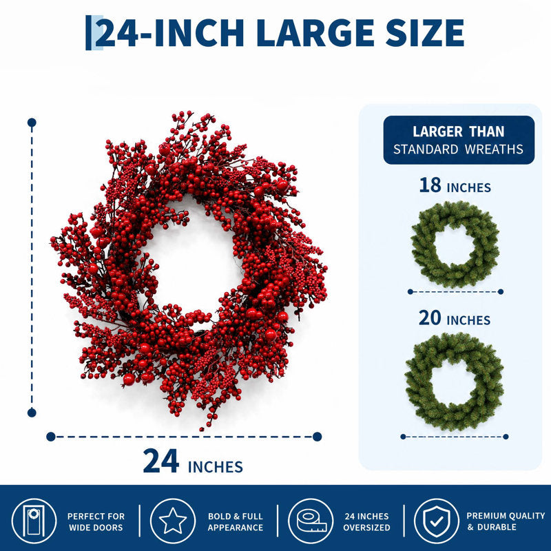 24 in. Red Berry Christmas Wreath, Artificial PVC Greenery Holiday Door Wreath for Front Door, Wall, Fireplace and Window