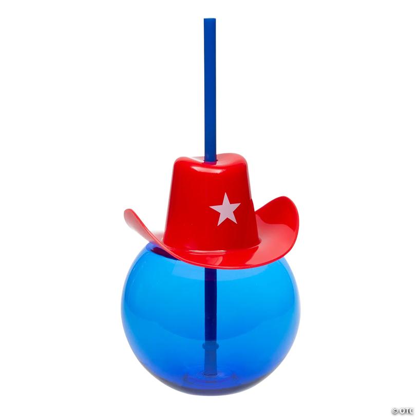 24 oz. Round Reusable Plastic Cups with Patriotic Cowboy Hat Lids & Straws - 6 Pc.