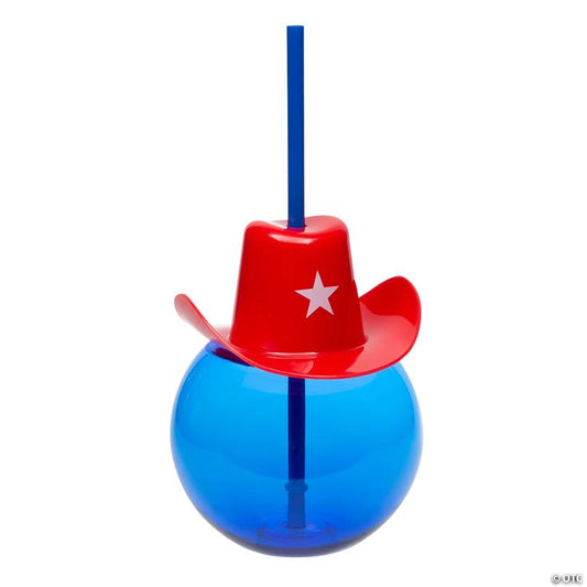 24 oz. Round Reusable Plastic Cups with Patriotic Cowboy Hat Lids & Straws - 6 Pc.