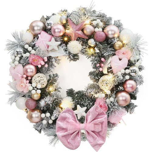 24in Christmas Wreath with Pink Bow, Frosted Pine & LED Lights for Door Wall