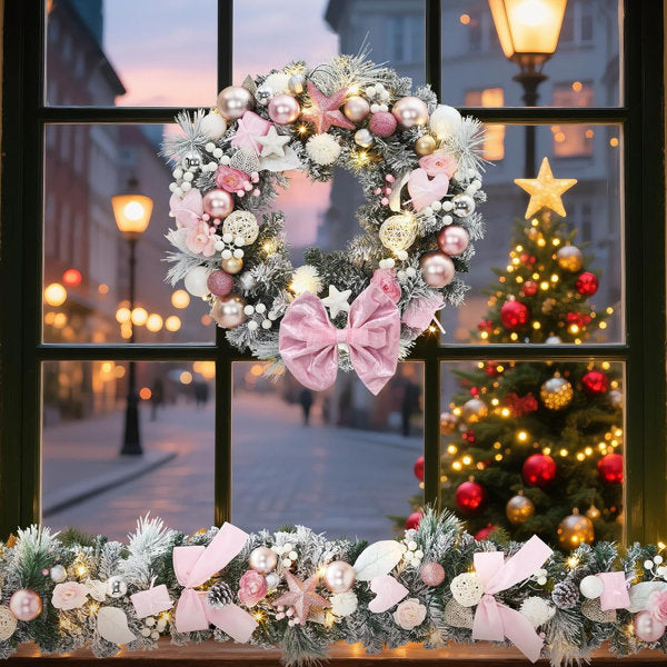24in Christmas Wreath with Pink Bow, Frosted Pine & LED Lights for Door Wall