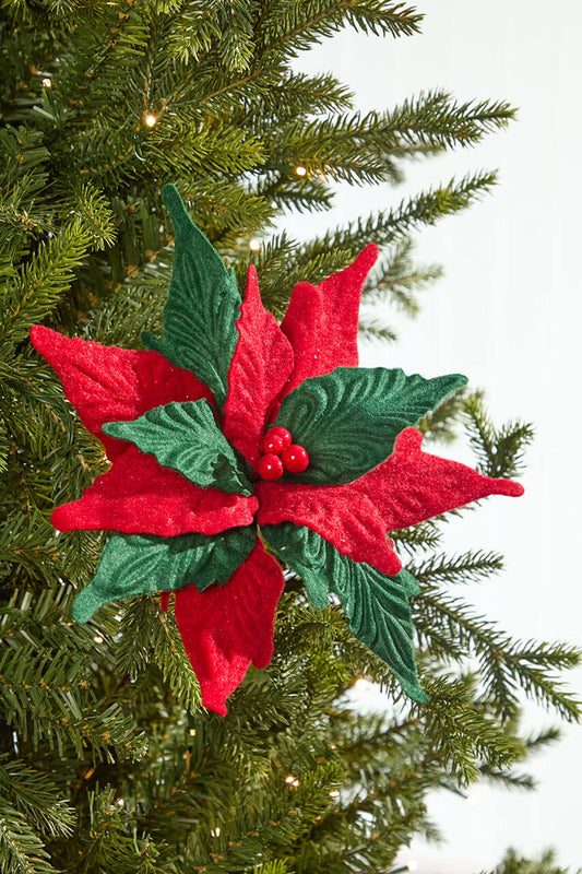20" x 12" Wool Poinsettia Stem Soft Textured Artificial Christmas Flower for Holiday Decorations