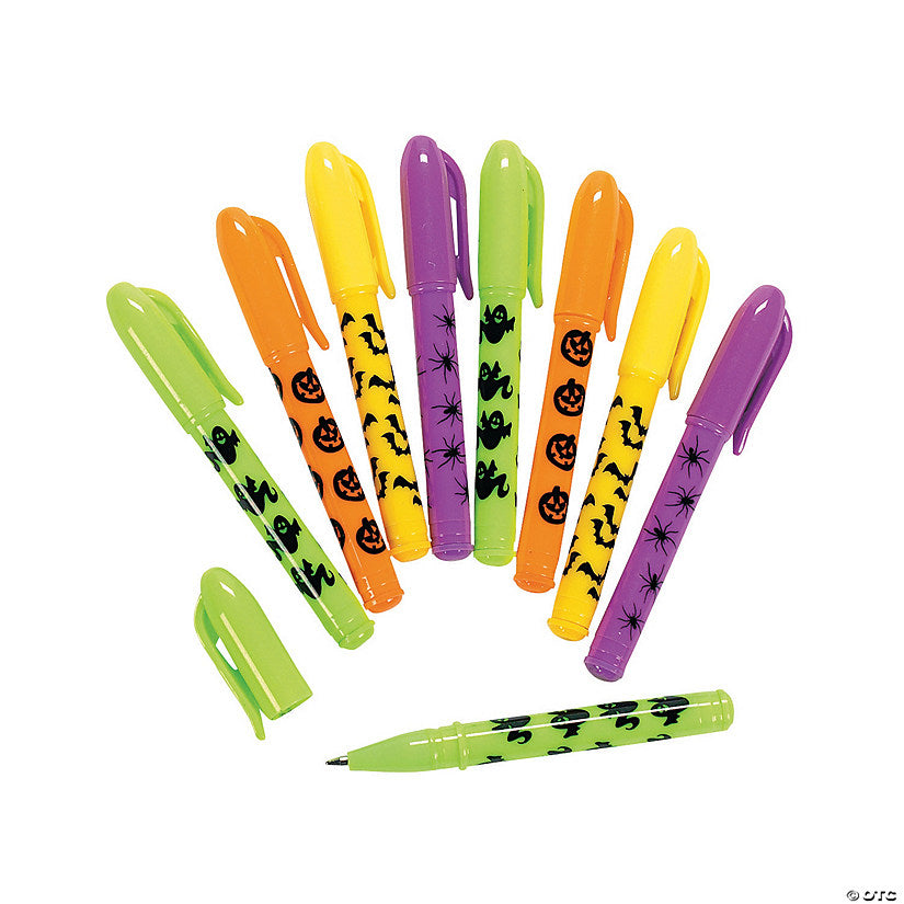 24 Piece(s): 3 1/4" Mini Iconic Halloween Symbols Capped Plastic Pens - 24 Pc. | USA Decoration®