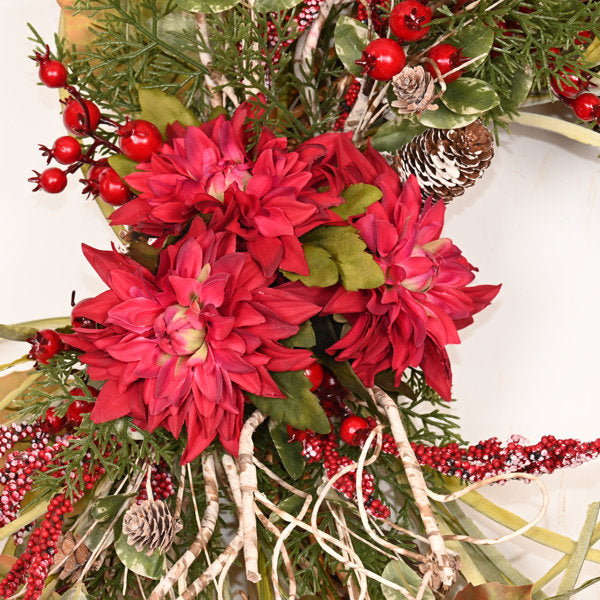26" Artificial Farmhouse Foliage Christmas Day Holiday Decor Blossom Frozen Cluster Red Berries Cedar Dahlia Winter Floral Wreath For Front Door