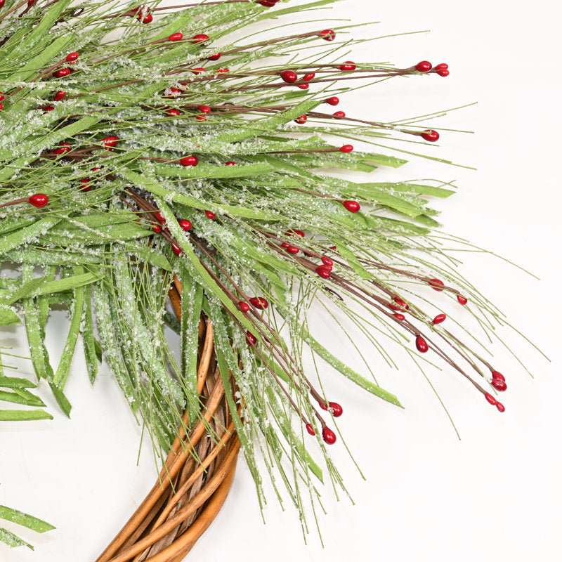 26" Artificial Farmhouse Twig Greenery Frozon Grass Red Berries Winter Christmas Wreath For Front Door Xmas Holidays Decor