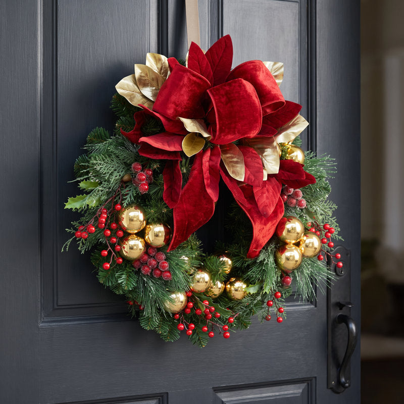 26" Christmas wreath with a bow and ornaments