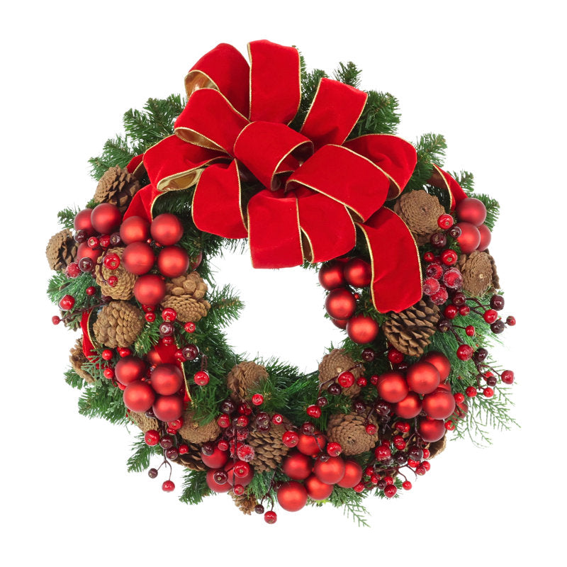 26" Holiday Wreath with Ornaments, Berries and Pinecones