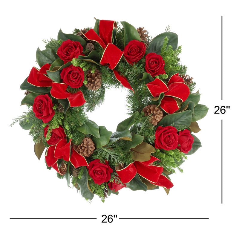 26'' Holiday Evergreen Wreath Arranged with Roses and Bows
