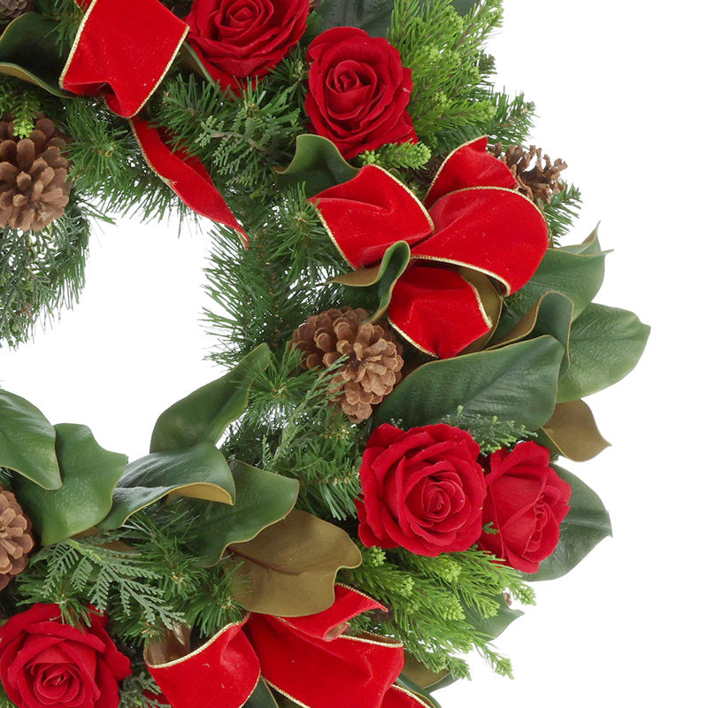 26'' Holiday Evergreen Wreath Arranged with Roses and Bows