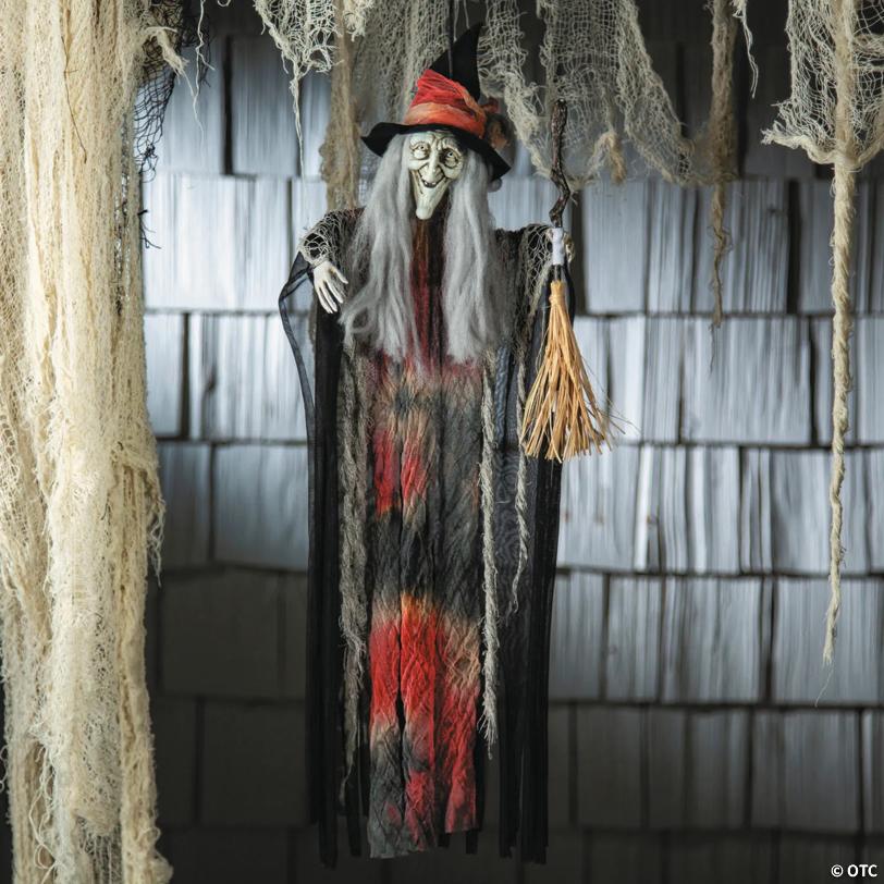27 1/2" Hanging Witch with Hat & Broom Halloween Decoration