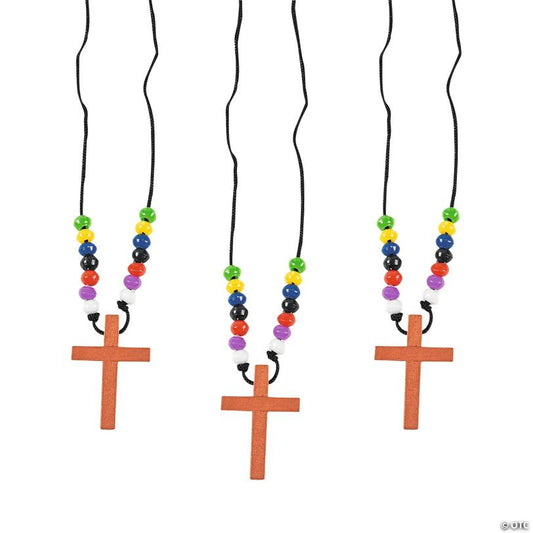28" Religious Colors of Faith Wooden Cross Necklaces - 12 Pc.