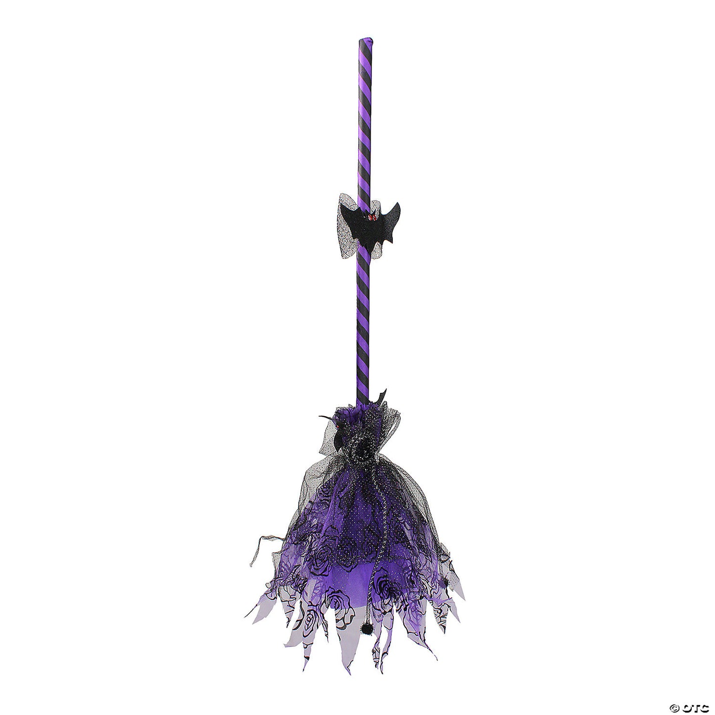 29" Purple and Black Striped Animated Witches Halloween Broom with Bat Accents | USA Decoration®