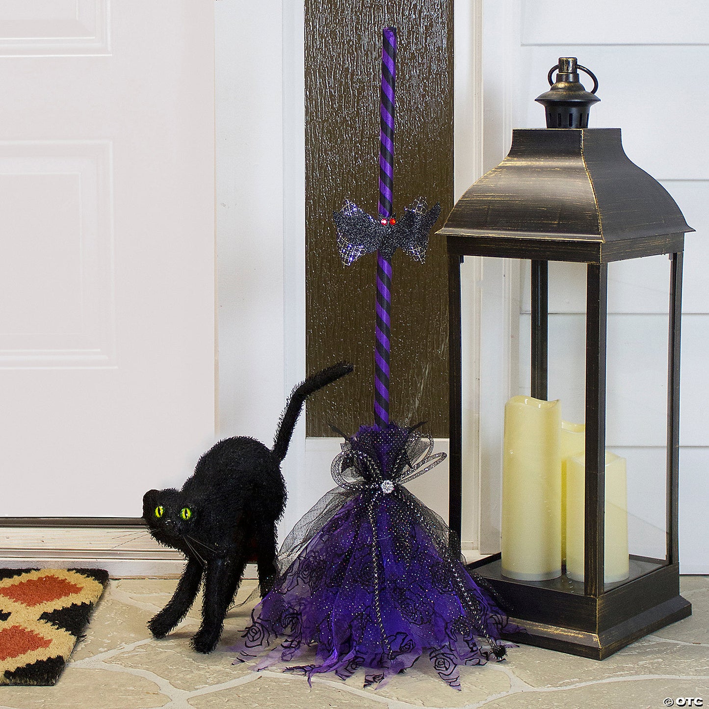 29" Purple and Black Striped Animated Witches Halloween Broom with Bat Accents | USA Decoration®