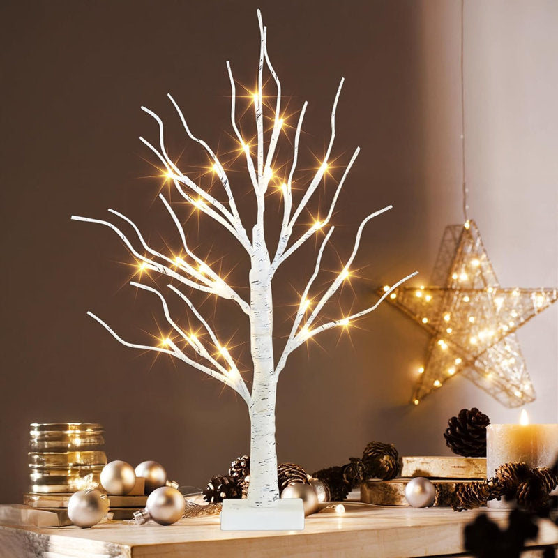 2FT LED Birch Tree with Warm White Fairy Lights, Battery-Powered Tabletop Decoration with Timer