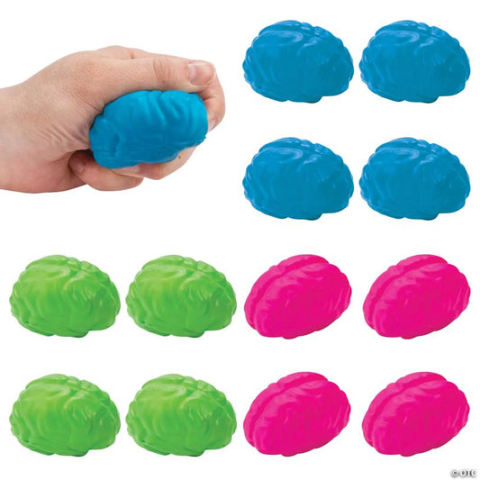 2 1/2" Brain Bright Green, Blue & Pink Foam Stress Toys - 12 Pc.