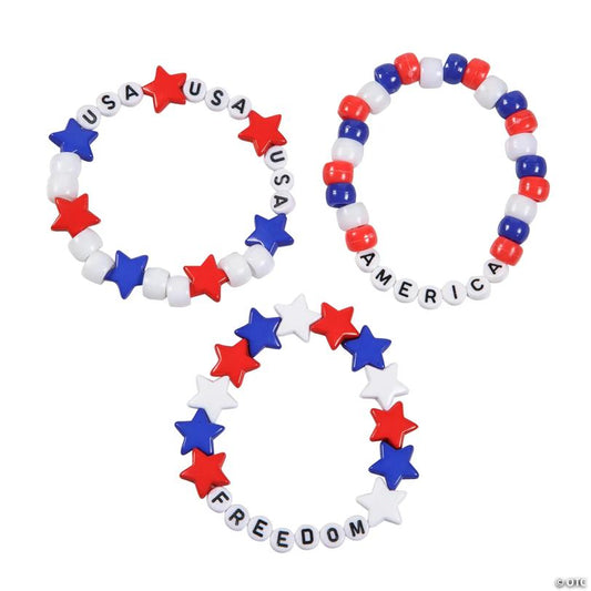 2 1/2" Patriotic Plastic Red, White & Blue Beaded Bracelet Assortment -12 Pc.