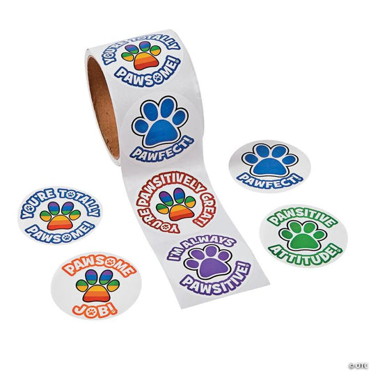 2 1/4" Multicolor Motivational Paw Print Sticker Roll – 100 Pc. | USA Decoration®