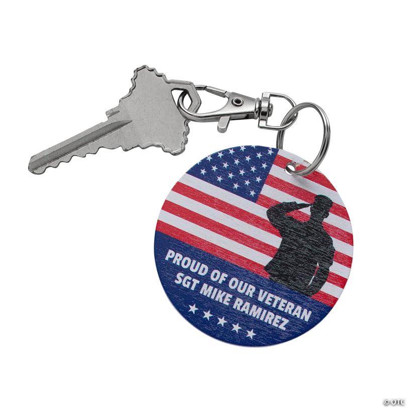 2 1/4" Personalized Patriotic American Flag & Saluting Soldier Veteran Keychains - 24 Pc.