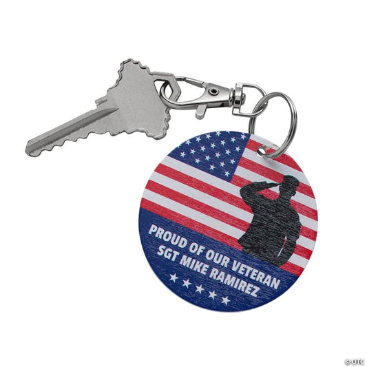 2 1/4" Personalized Patriotic American Flag & Saluting Soldier Veteran Keychains - 24 Pc.