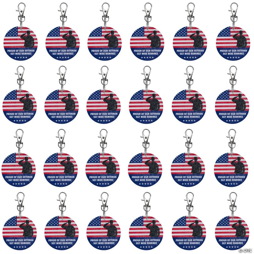 2 1/4" Personalized Patriotic American Flag & Saluting Soldier Veteran Keychains - 24 Pc.