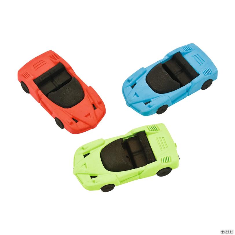 2 1/4" x 1 1/4" Assorted Bright Colors Race Car-Shaped Rubber Erasers - 12 Pc.