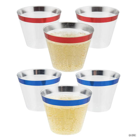 2 3/4" 9 oz. Bulk 100 Ct. Patriotic Small Disposable Cups with Red & Blue Trim Assortment