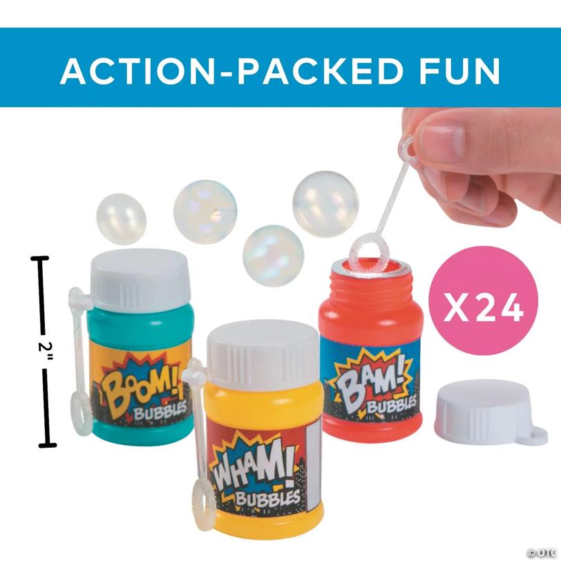 2" Action-Packed Wham! Boom! Bam! Plastic Bubble Bottles – 24 Pc.