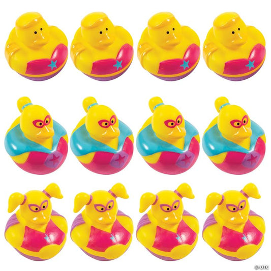 2" Bright Color Superhero Girl Rubber Ducks – 12 Pc.