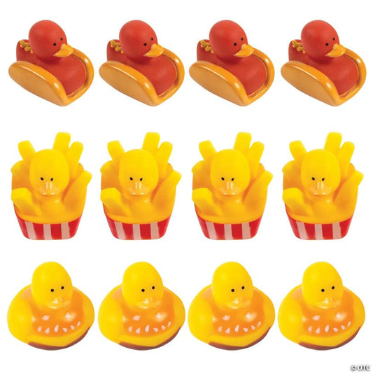 2" Fast Food Hamburger, French Fries & Hot Dog Rubber Ducks - 12 Pc.