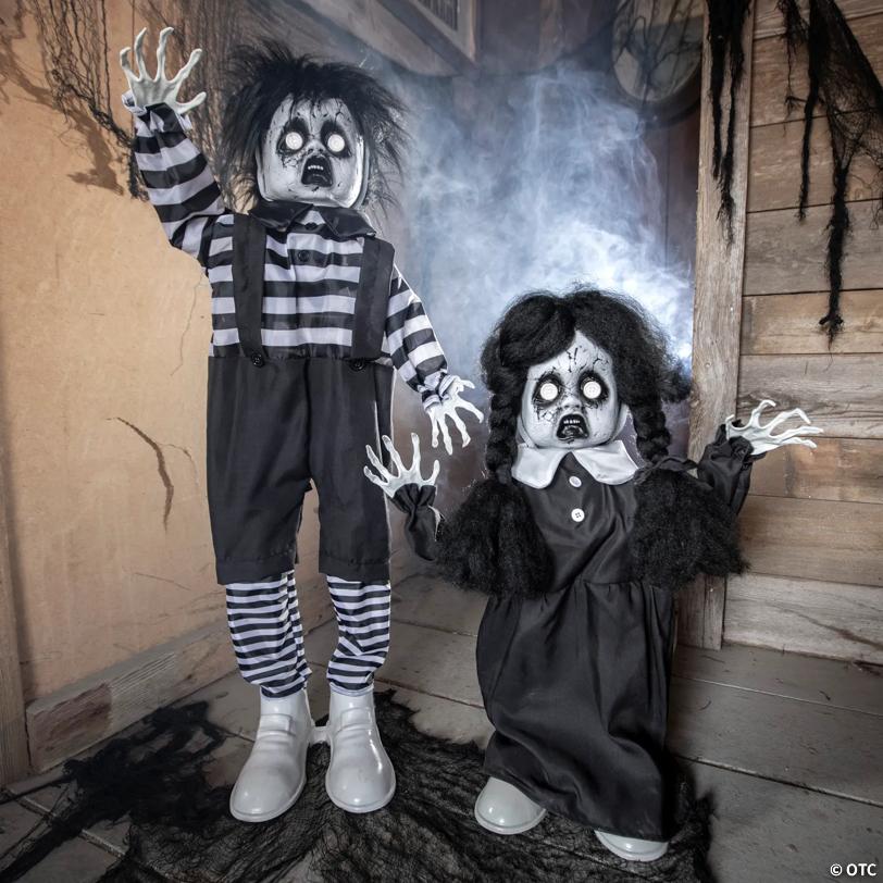 2 Ft. Black & White Scary Boy Animated Prop Standing Halloween Decoration