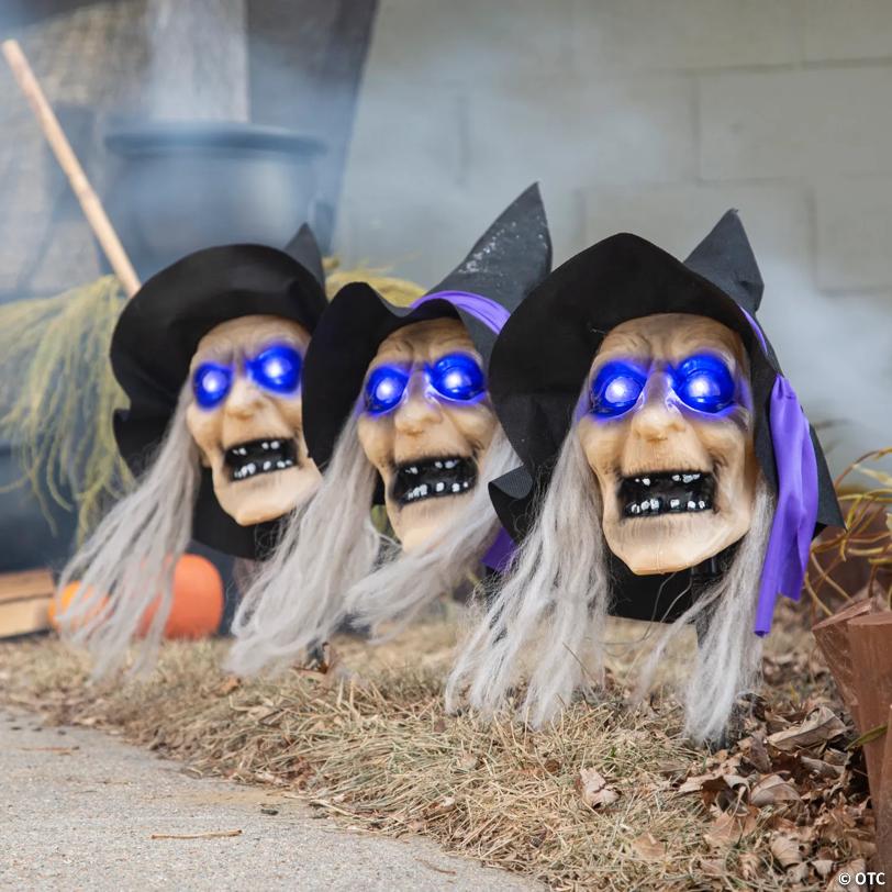 2 Ft. Light-Up Witch Head Yard Stake Halloween Decorations - 3 Pc.
