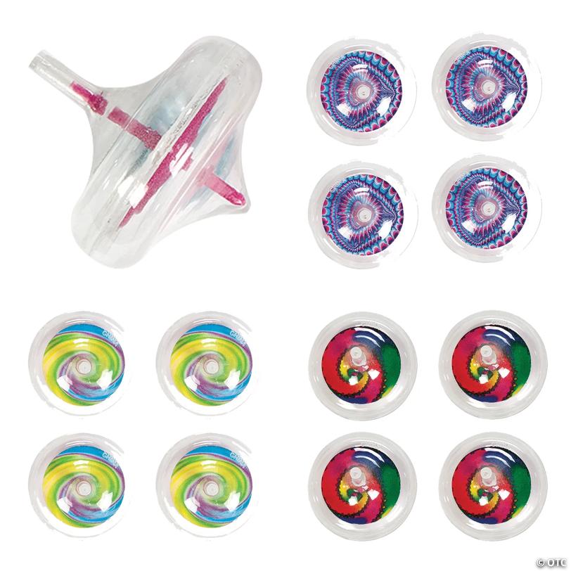 2" Glow-in-the-Dark Tie-Dyed Plastic Spin Top Toys - 12 Pcs.