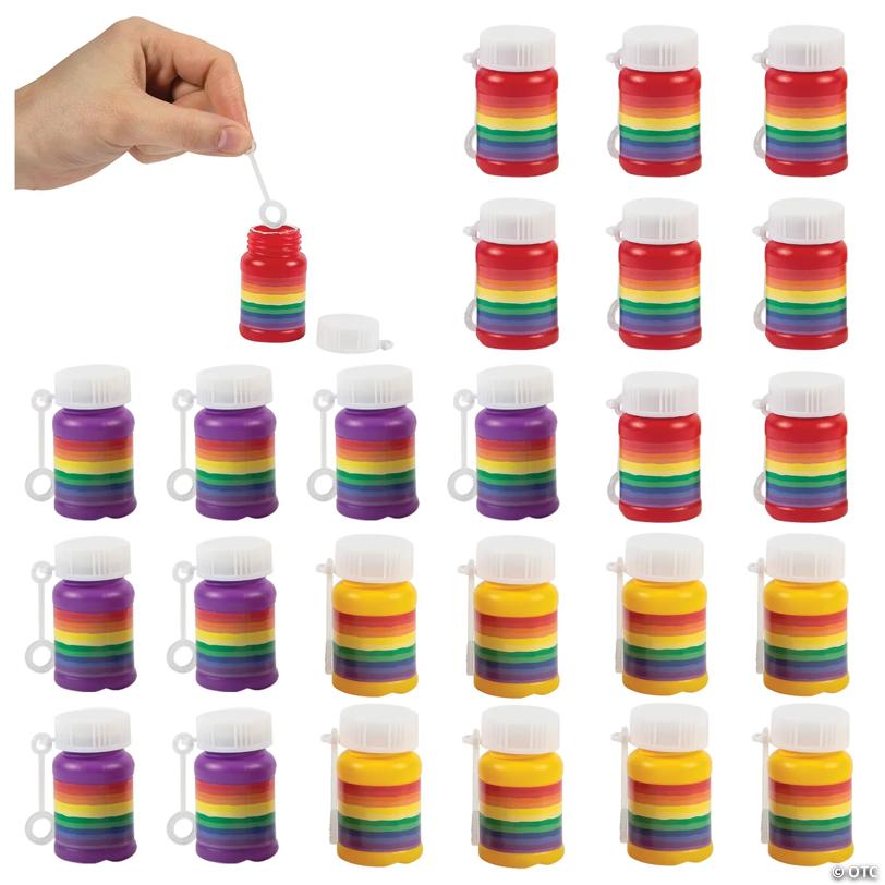 2" Mini Rainbow-Striped Plastic Bubble Bottles with Wand - 24 Pc.