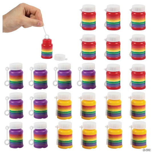 2" Mini Rainbow-Striped Plastic Bubble Bottles with Wand - 24 Pc.